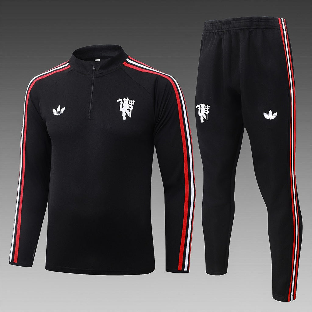 26/27 Manchester United Black & Red Stripe Tracksuit - Quarter Zip